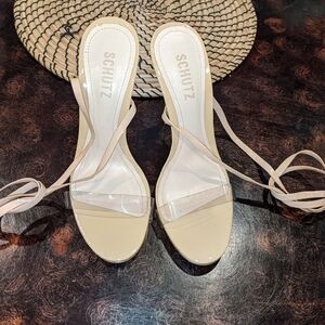 Schutz Cloe Tan Transparent Vinyl Heels 5" 8B